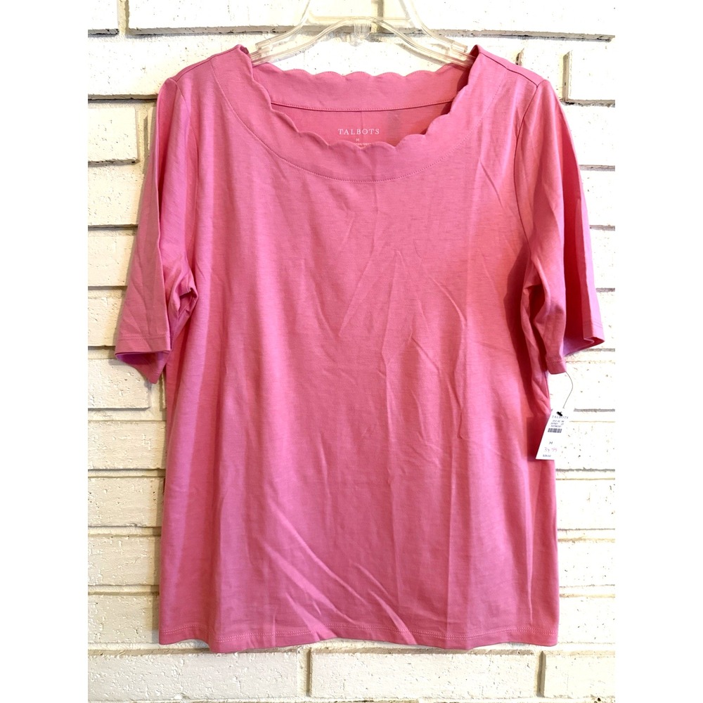 Talbots Women's Sz M Pink Solid 100% Cotton Knit T-Shirt Short Sleeve Scoop Neck